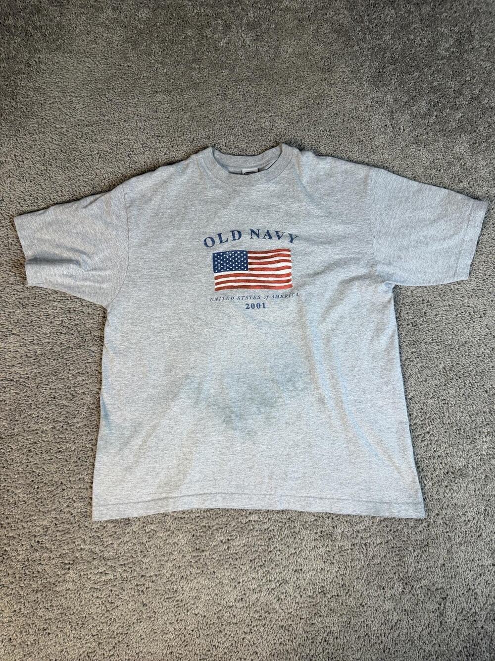 Vintage Old Navy Shirt Mens L Gray American Flag 2001 Graphic Crew Neck Cotton
